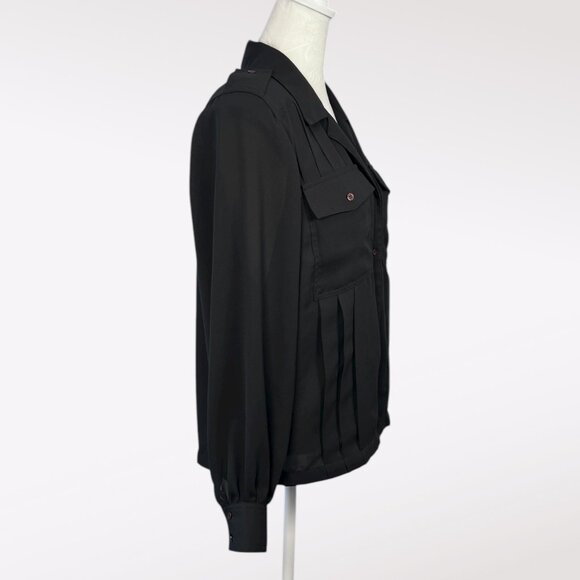 Vintage Black Button-Up Blouse Pleated Pockets 70s Poly Size Small - Picture 6 of 10